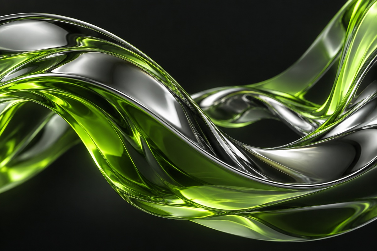 Detalle de cintas fluidas de cristal y metal con reflejos verde lima